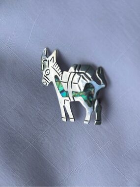 Vintage Mexican Taxco silver donkey pin featuring Iridescent Abalone Shell inlay